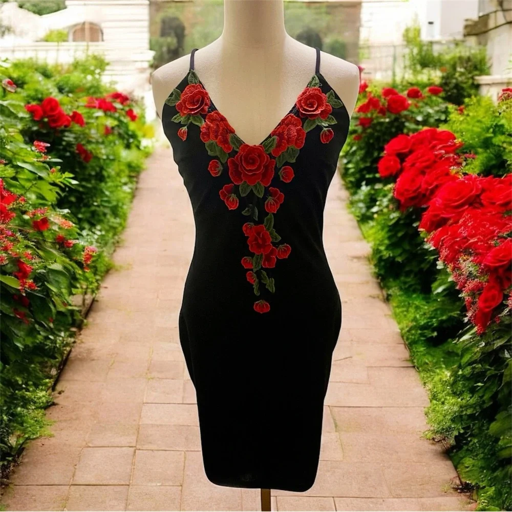 Windsor Black Slip Dress with Red Rose Embroidery - Picture 1 of 7